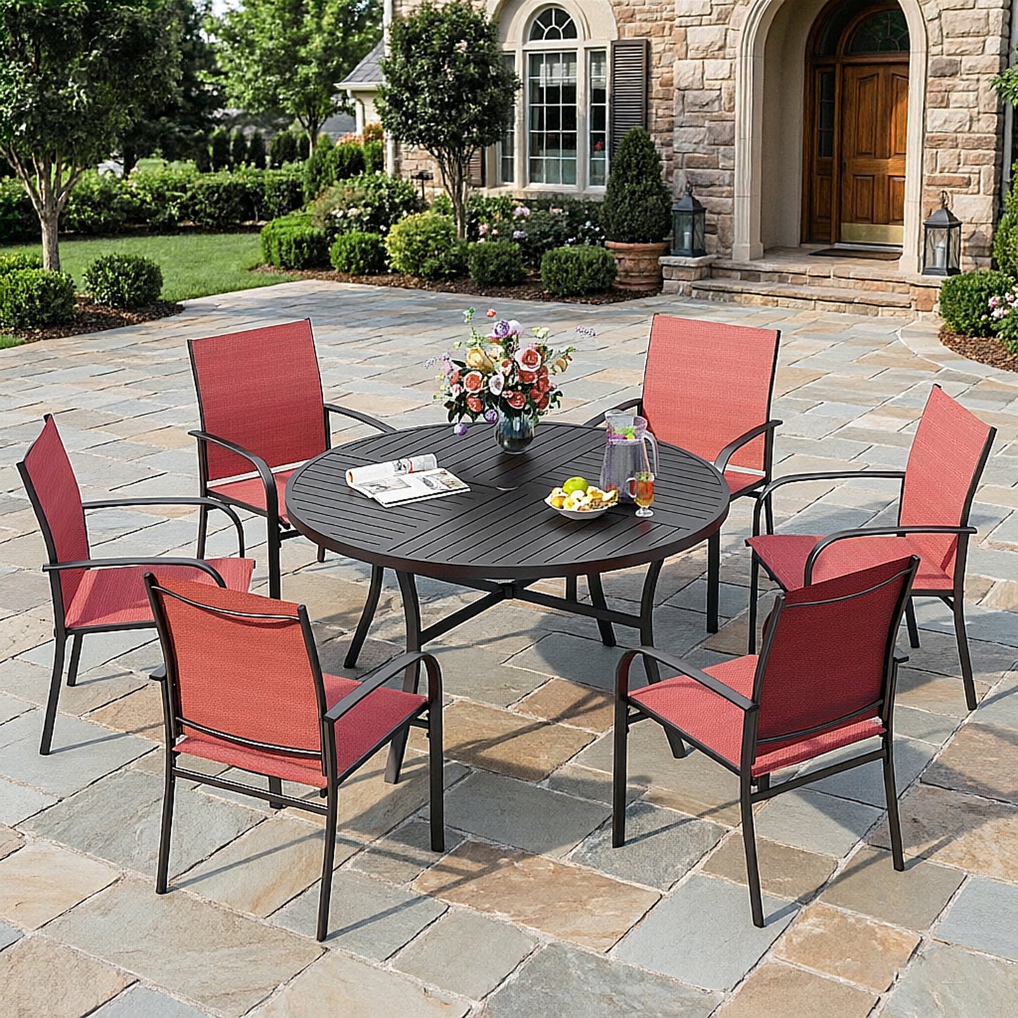 Captiva Designs 7pc Black Round Slatted Steel Table with Umbrella Hole & Textilene Chairs