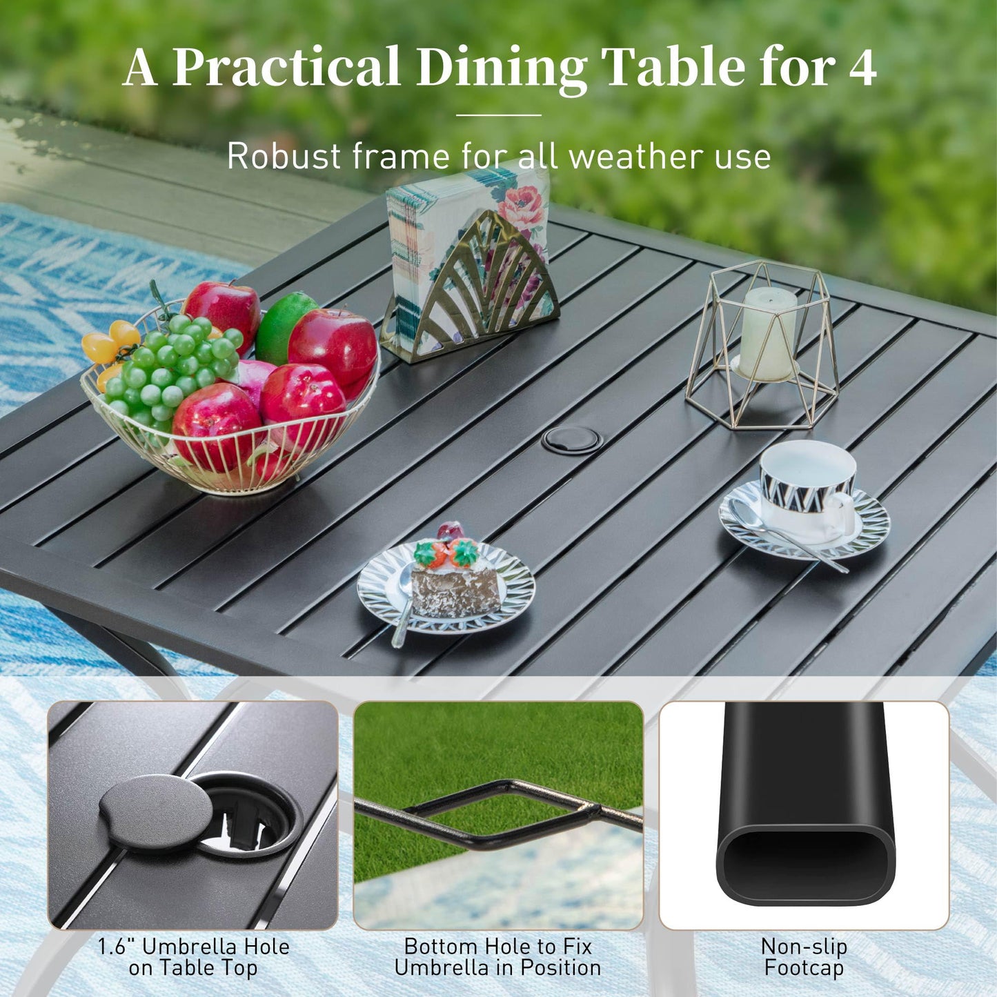 SUNSHINE VALLEY 5pc Patio Dining Set, 37" Square Table & 4 Red Chairs. Outdoor metal table w/ umbrella hole, Textilene chairs. Waterproof, rust-resistant, all-weather for backyard and deck