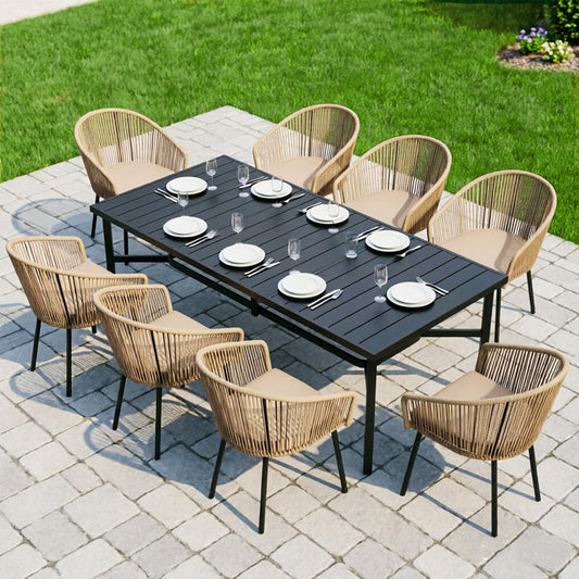Captiva Designs 9pc Patio Dining Table with  Umbrella Hole & Woven Pull Cord Back with Seat Cushion