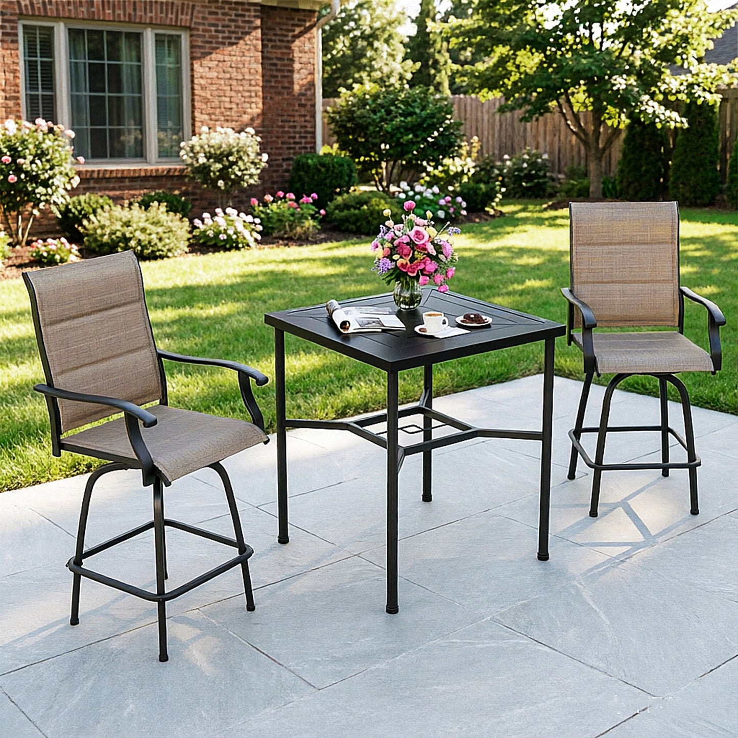 Captiva Designs 3pc Outdoor Patio Geometry Square Steel Bar Table & High Bar Swivel Stools