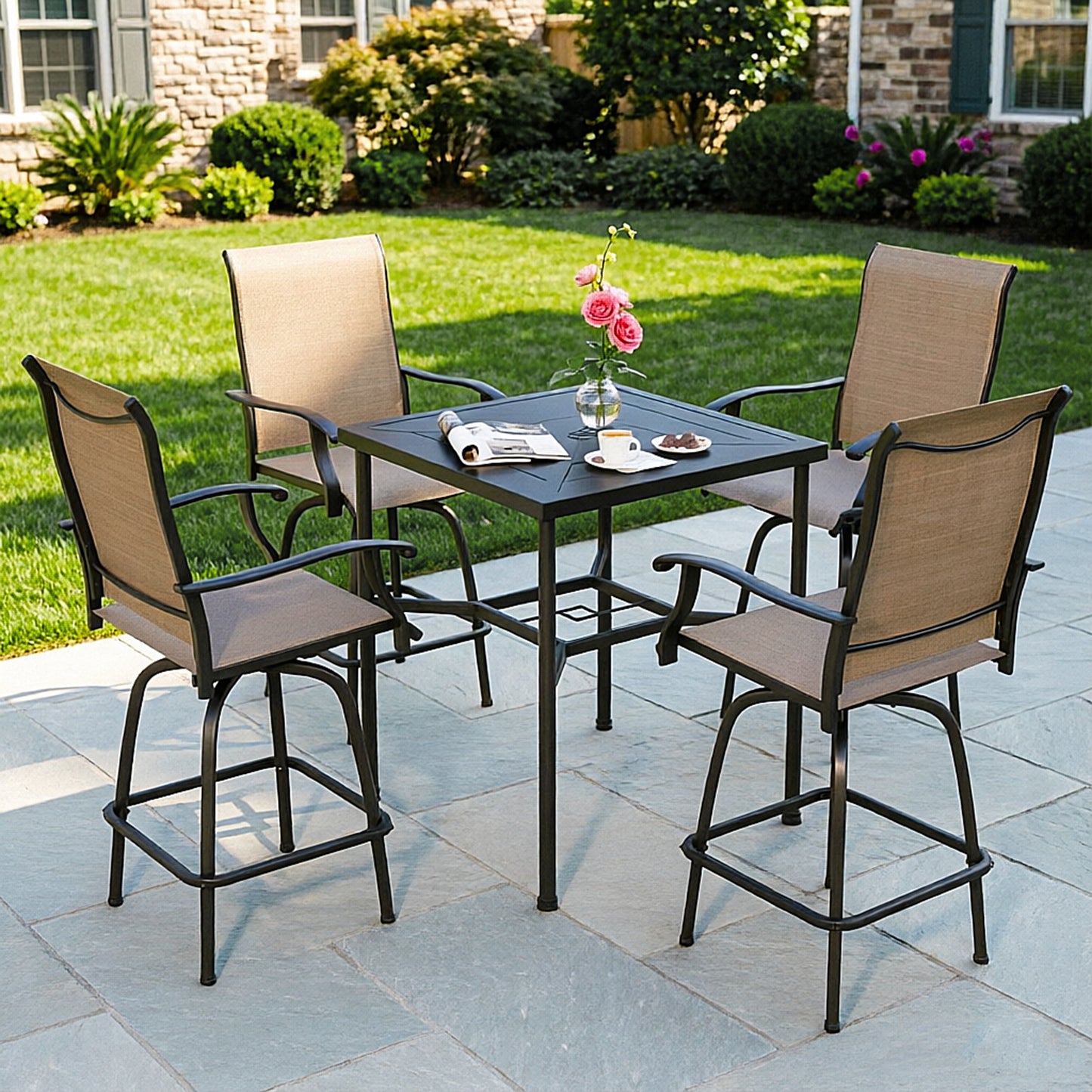Captiva Designs 5pc Outdoor Patio Dining Steel Bar Table & High Bar Swivel Stools