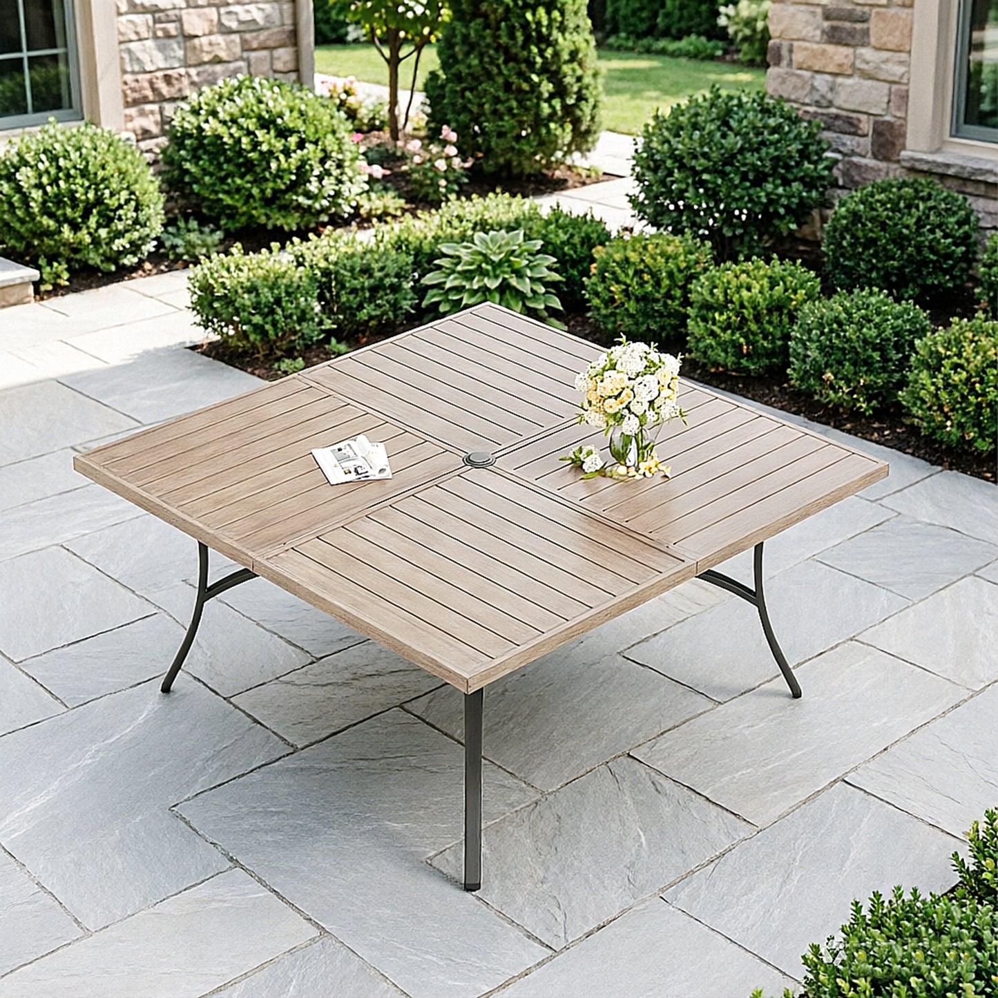 Captiva Designs 1pc Patio Spacious Slat-top Square Metal Table with Umbrella Hole for 8
