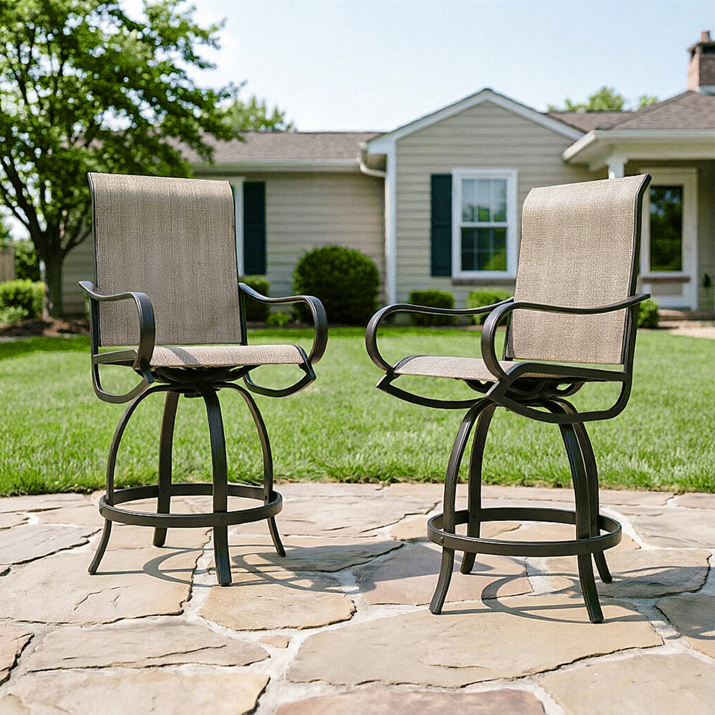 Captiva Designs Outdoor Patio Breathable Textilene Sling High Bar Steel Stools with Stylish Armrests