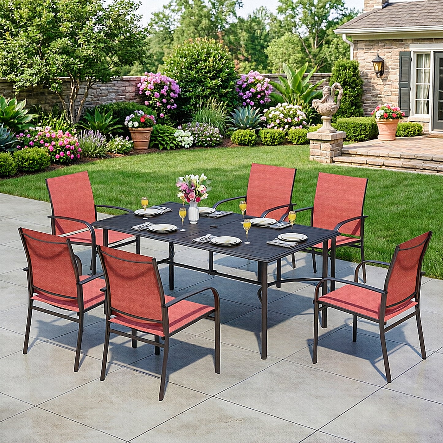 Captiva Designs 7pc Patio Dining Rectangle Steel Table with C-shaped Cross Bracket & Sling Fixed Chairs