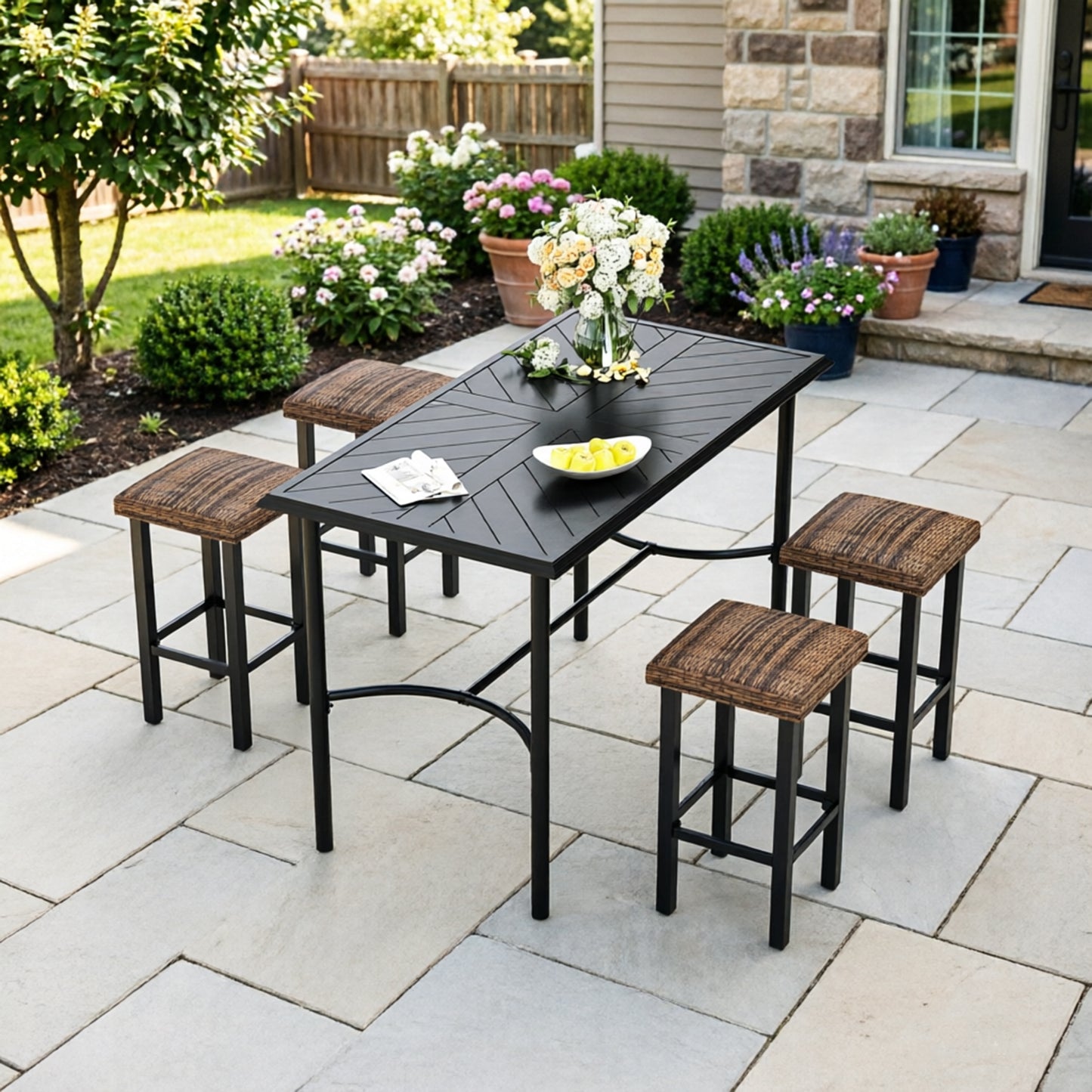 Captiva Designs 5pc Outdoor Patio Cross Bracket Rectangle Steel Bar Table & High Bar Stools