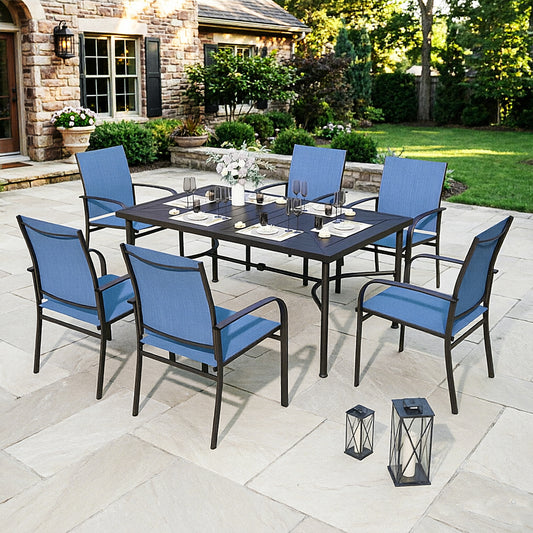 Captiva Designs 7pc Outdoor Patio Geometric Pattern Rectangular Steel Dining Table & Sling Fixed Chairs