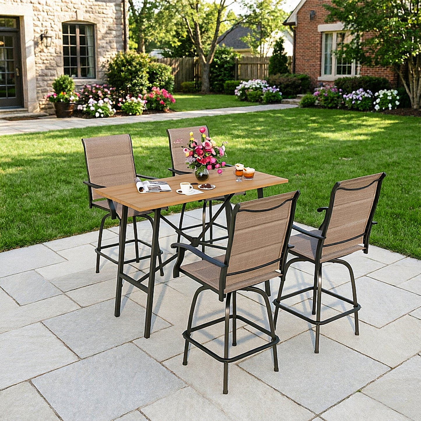 Captiva Designs 5pc Patio Slat-top Rectangle Wood-look Finished Metal Bar Table & Sling Swivel Bar Stools