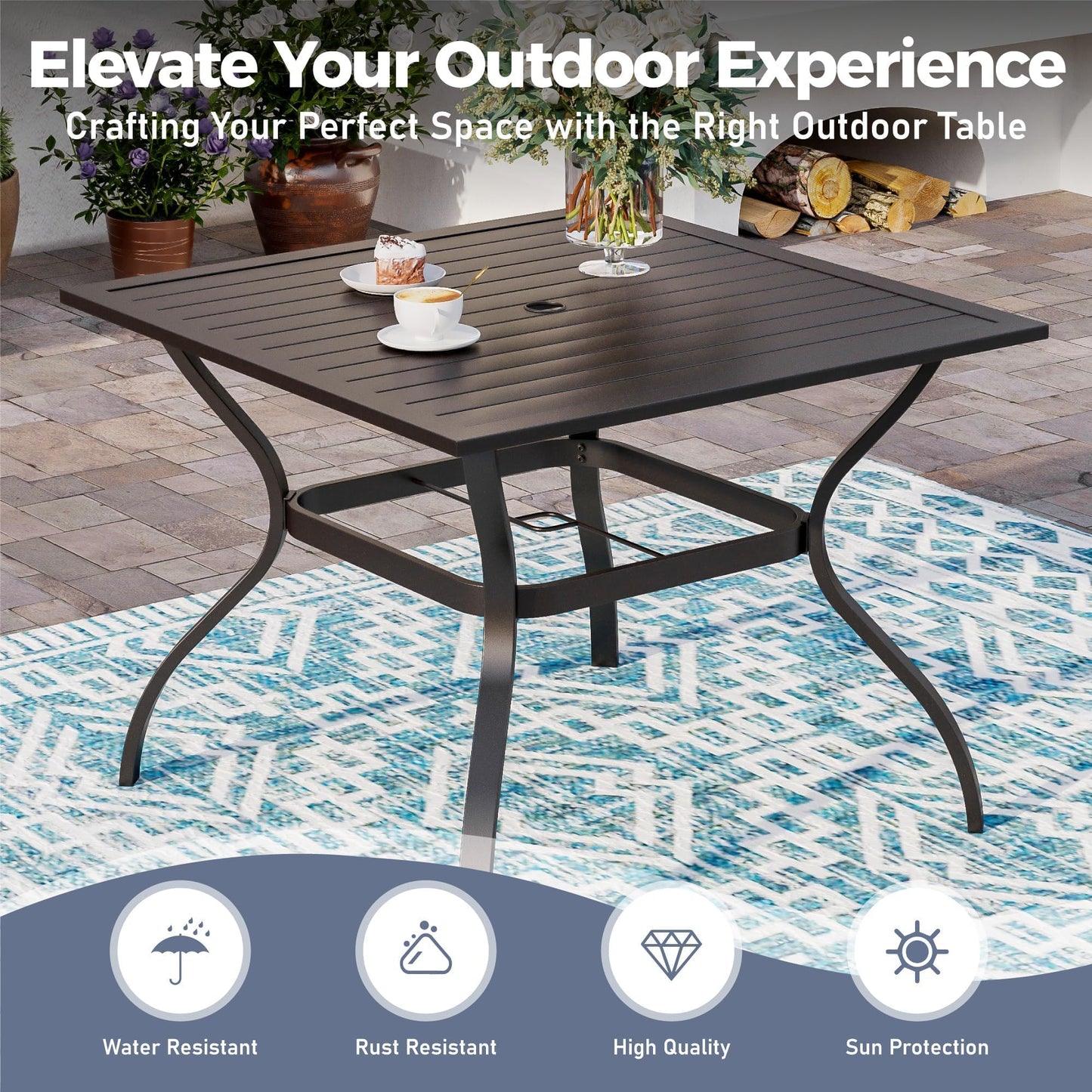 SUNSHINE VALLEY 5pc Patio Dining Set, 37" Square Table & 4 Red Chairs. Outdoor metal table w/ umbrella hole, Textilene chairs. Waterproof, rust-resistant, all-weather for backyard and deck