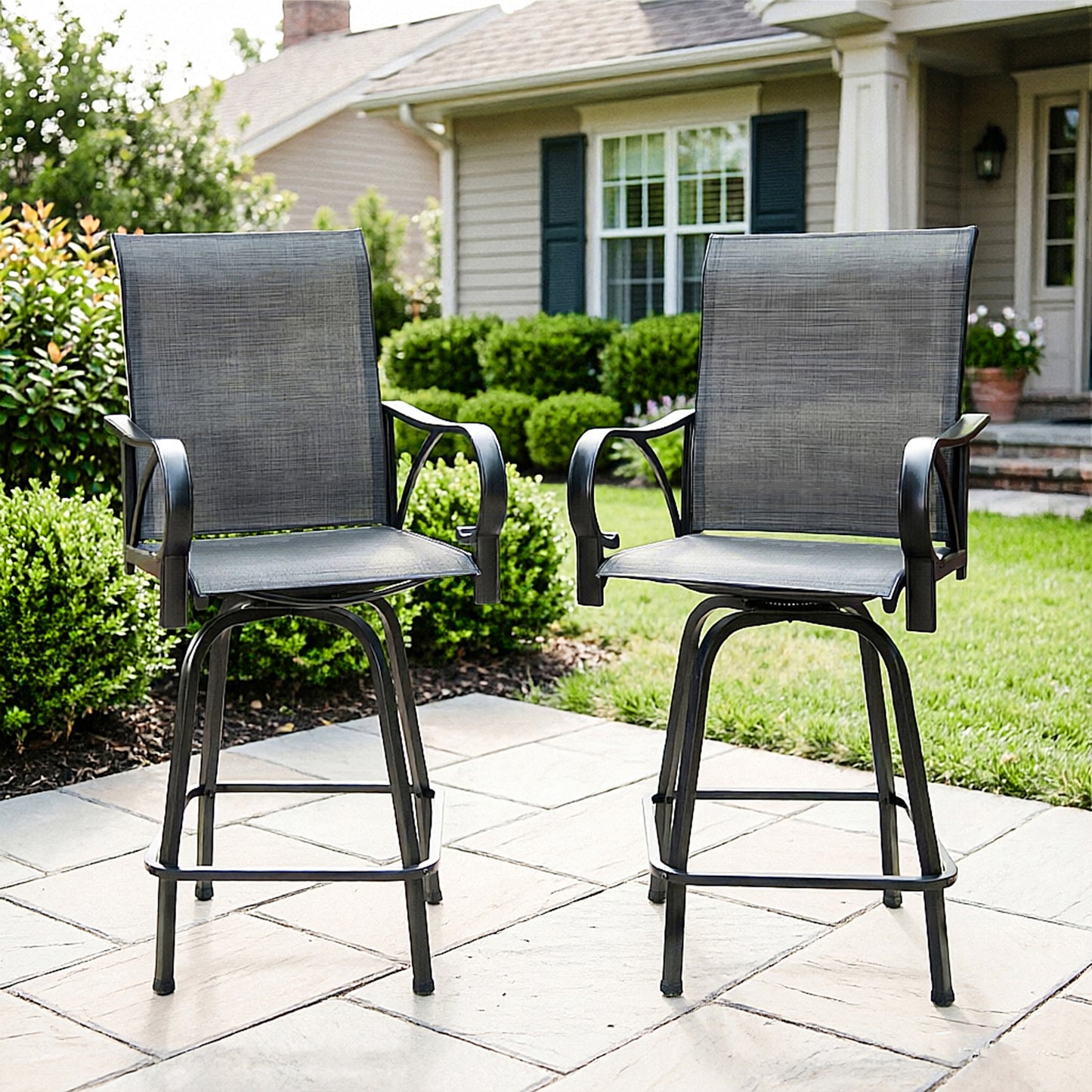 Captiva Designs Outdoor Patio Breathable Textilene Sling High Bar Steel Stools with Stylish Armrests