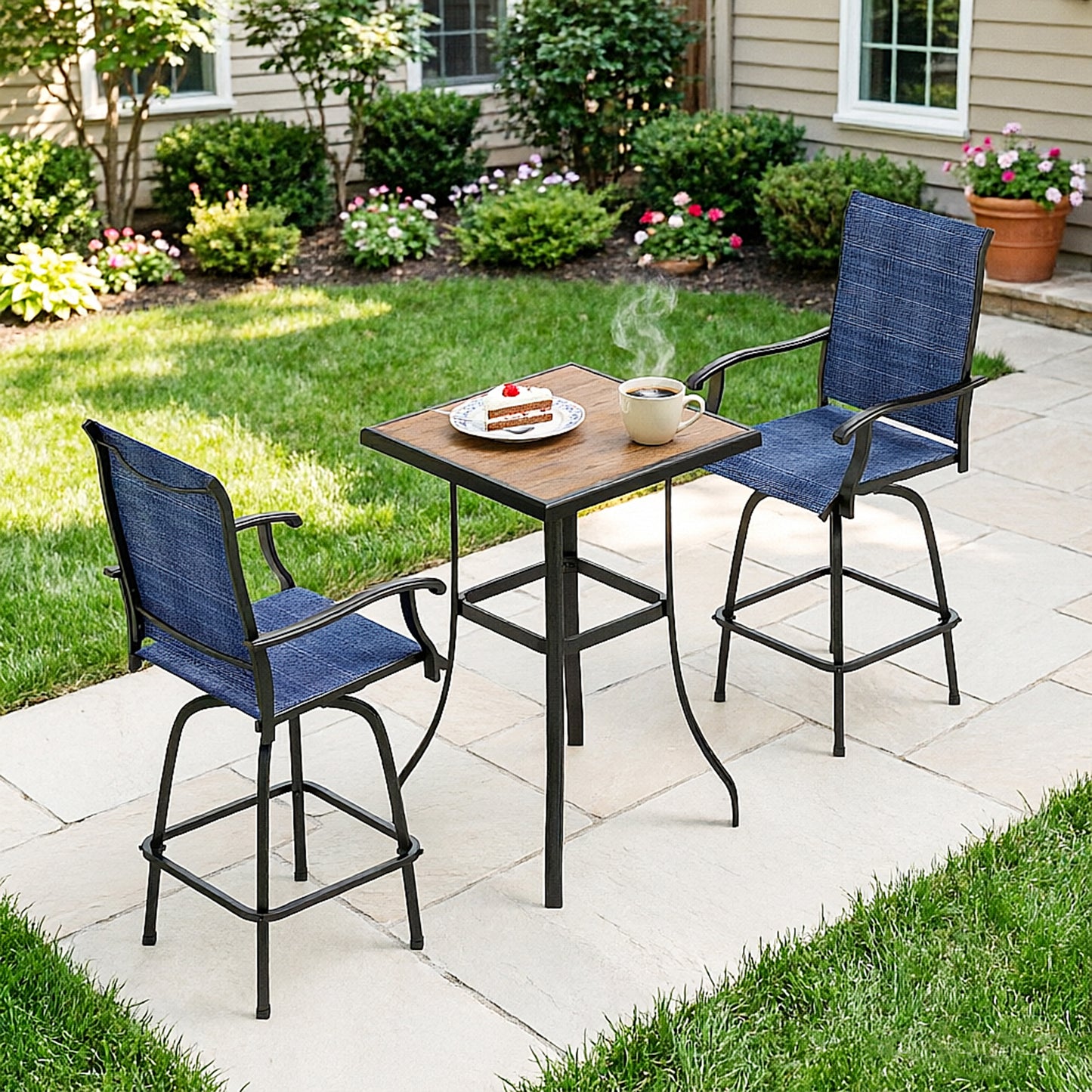Captiva Designs 3Pc Outdoor Patio Dining Bar Set with Steel Steel Table & Sling Swivel Bar Stools