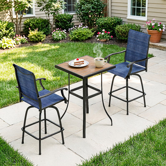 Captiva Designs 3Pc Outdoor Patio Dining Bar Set with Steel Steel Table & Sling Swivel Bar Stools