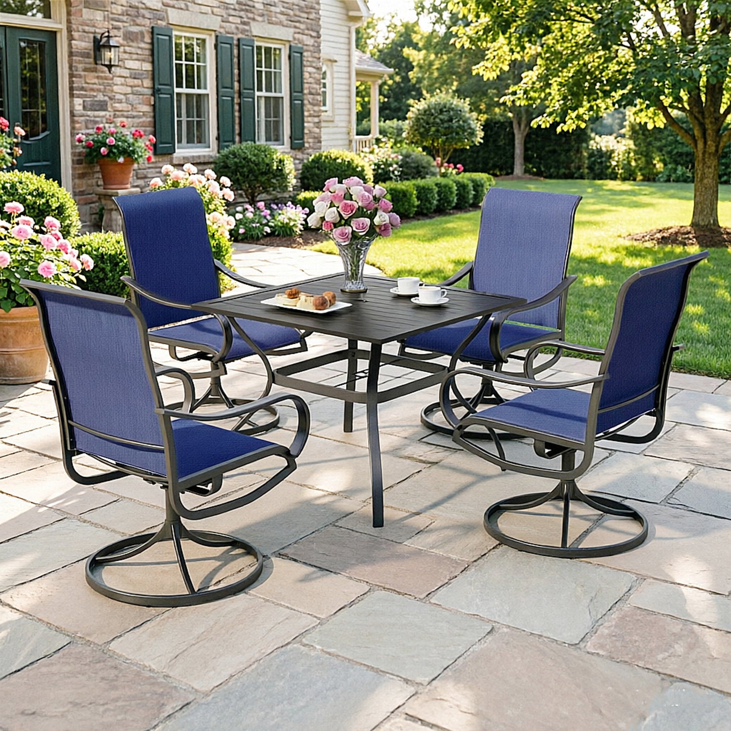 Captiva Designs 5pc Patio Dining Steel Table & Textilene 360 Degree Swivel Chairs