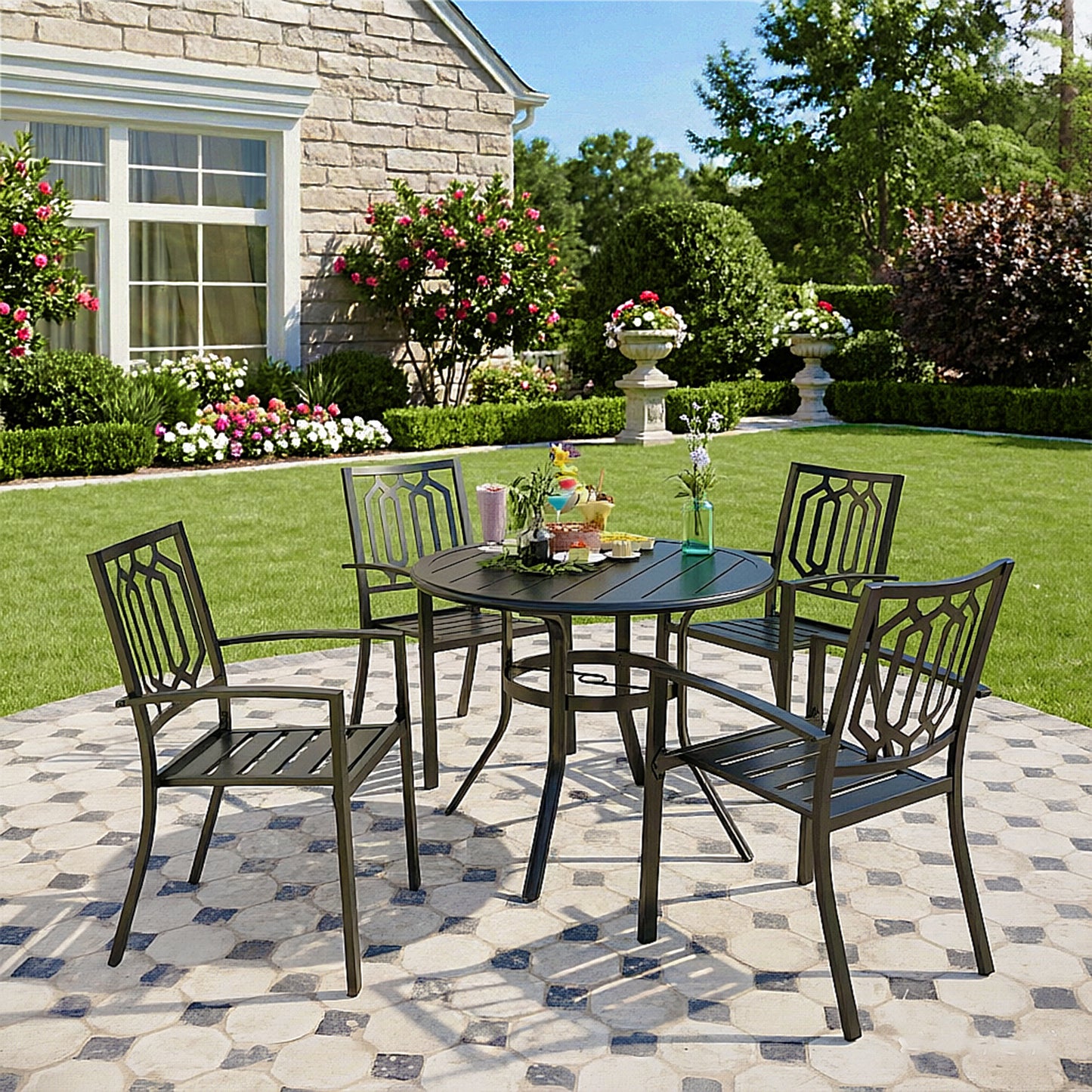 Captiva Designs 5pc Outdoor Steel Slat-top Round Dining Table & Metal Chairs with Stylish Back
