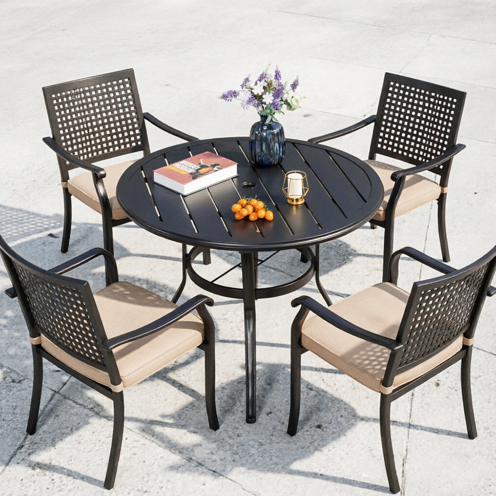 Captiva Designs 5pc Outdoor Steel Slat-top Round Dining Table & Metal Chairs with Stylish Back