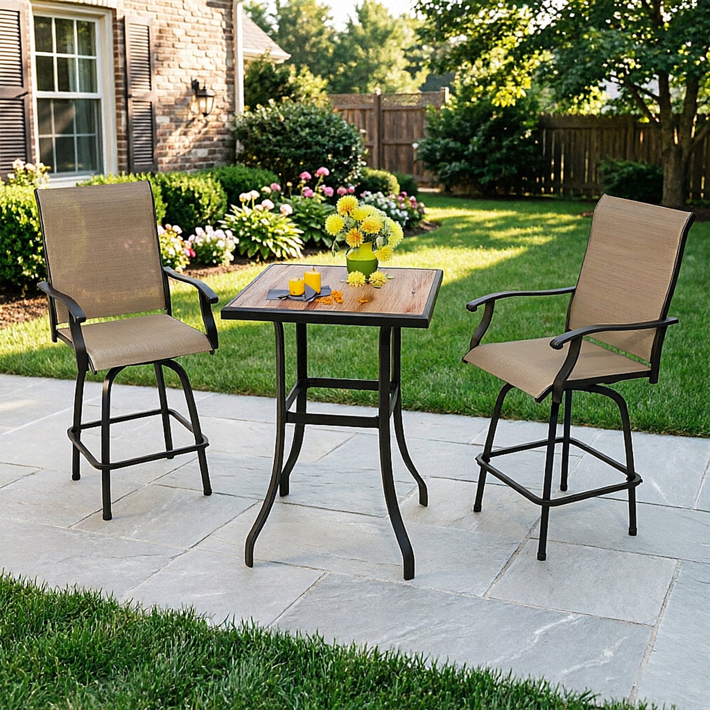 Captiva Designs 3Pc Outdoor Patio Dining Bar Set with Steel Steel Table & Sling Swivel Bar Stools
