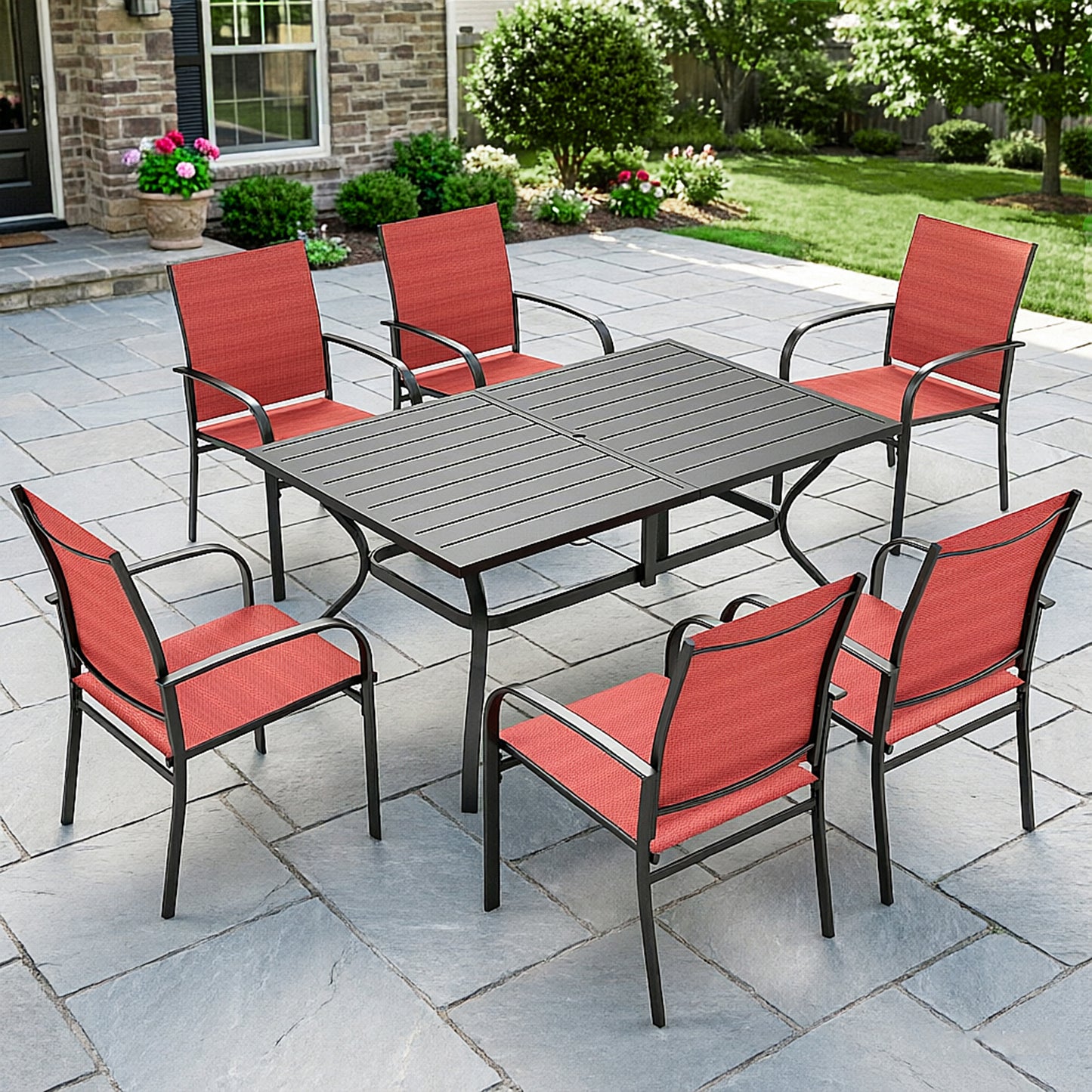 Captiva Designs 7pc Patio Dining Set with Slat-top Rectangle Table & Sling Fixed Chairs