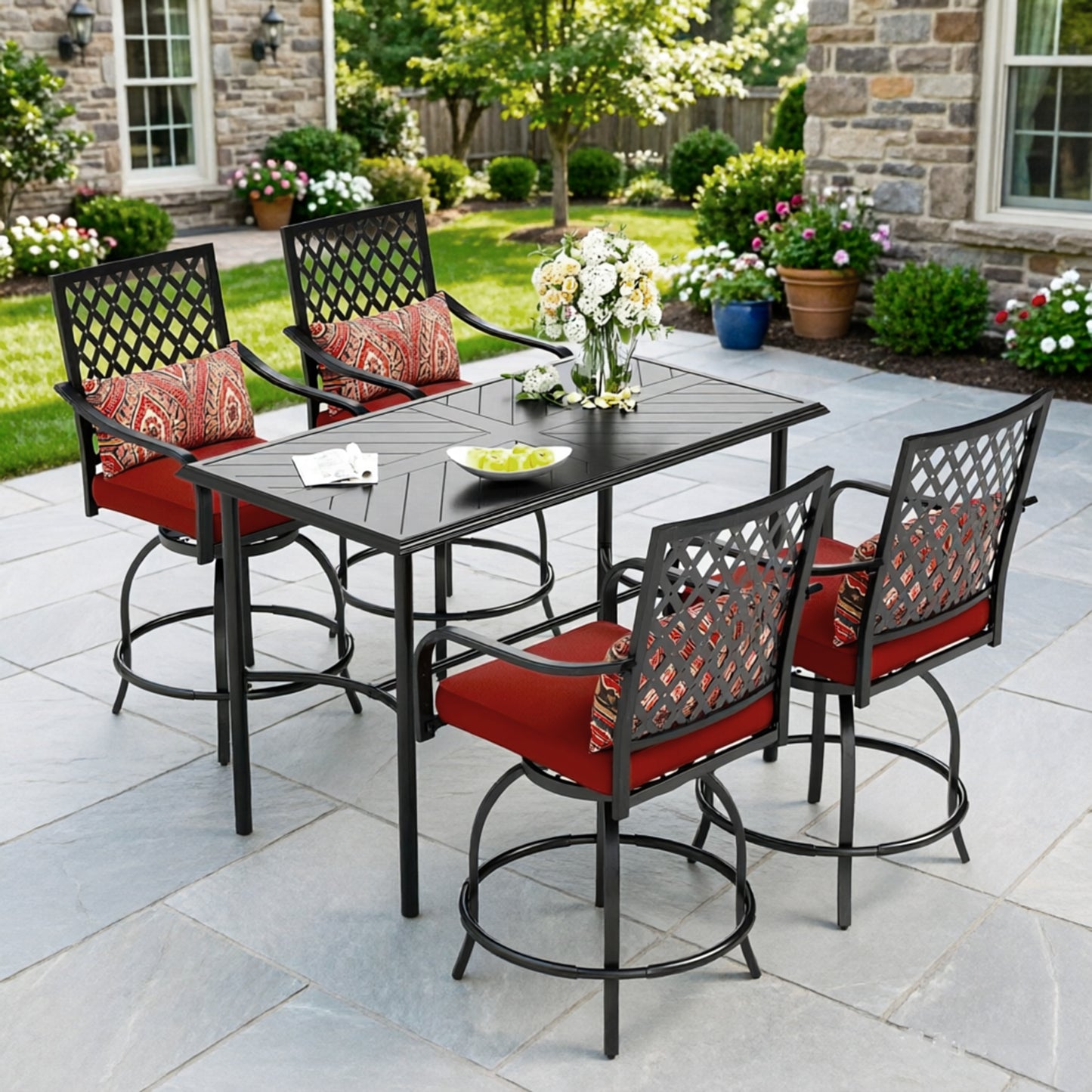 Captiva Designs 5pc Outdoor Patio Cross Bracket Rectangle Steel Bar Table & High Bar Stools