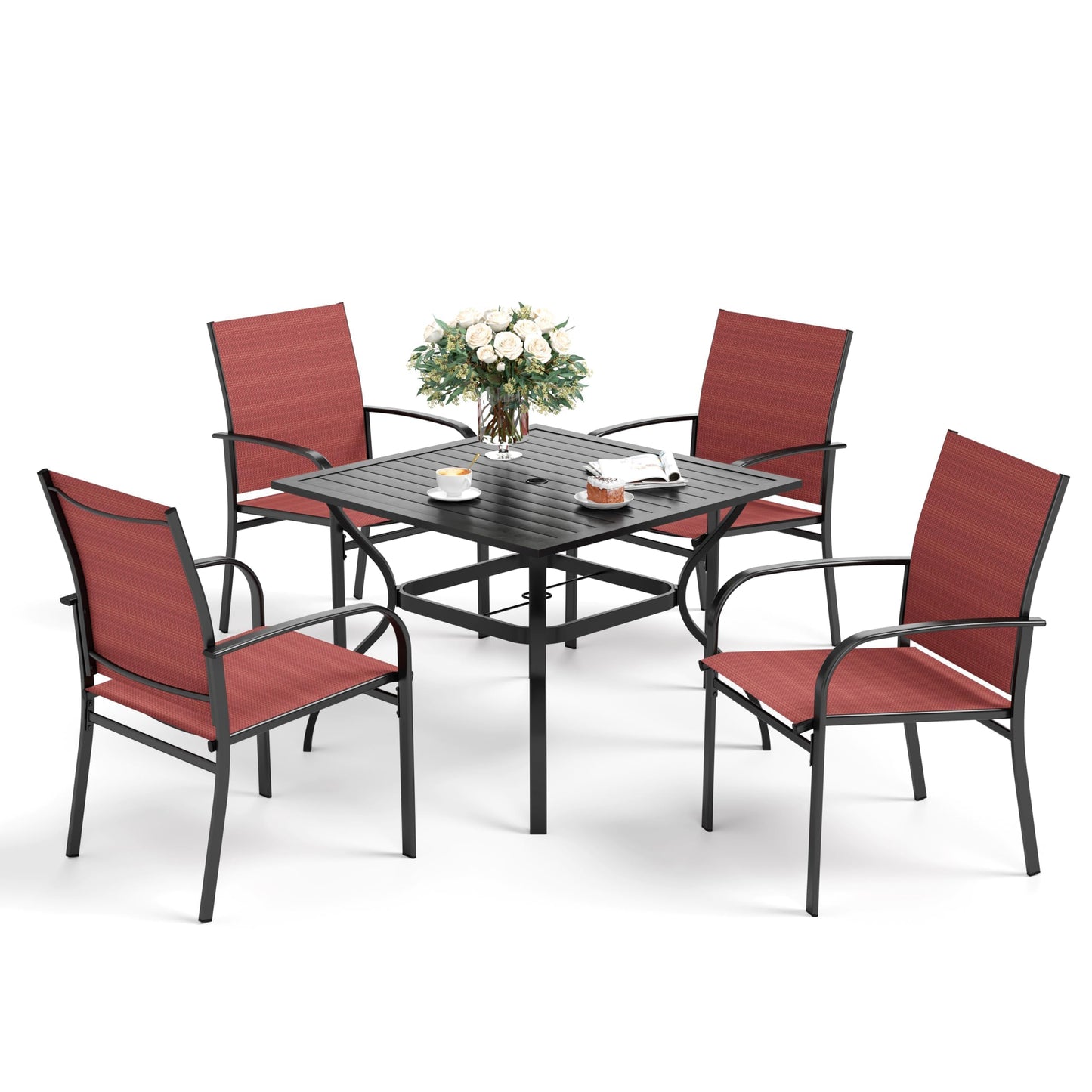 SUNSHINE VALLEY 5pc Patio Dining Set, 37" Square Table & 4 Red Chairs. Outdoor metal table w/ umbrella hole, Textilene chairs. Waterproof, rust-resistant, all-weather for backyard and deck