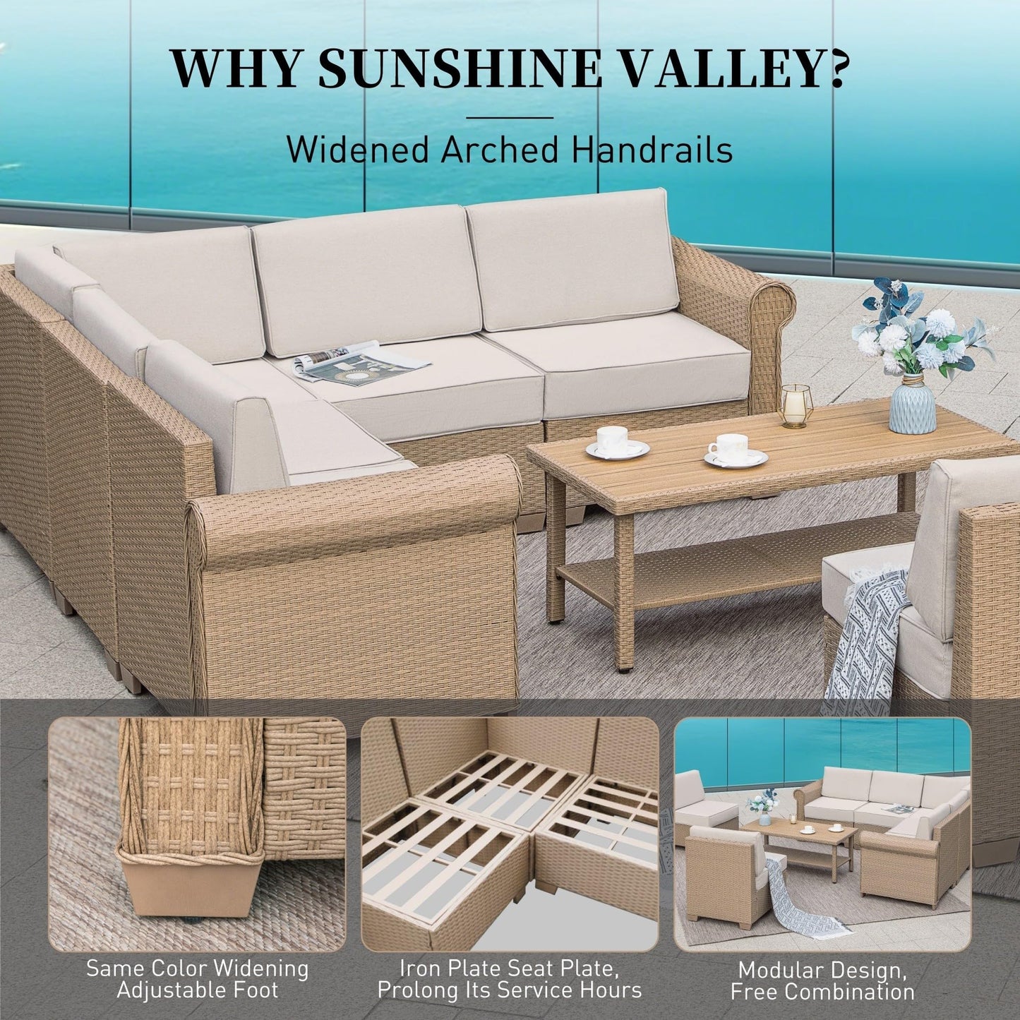 SUNSHINE VALLEY Patio Rattan loveseat, 2-Seat Wicker Rattan Sofa with 5.5" Thick Waterproof Cushions, All Weather Outdoor Conversation Set for Lawn Backyard Garden and Deck, Beige