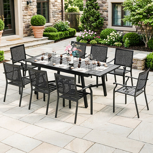 Captiva Designs 9pc Outdoor Patio Adjustable Steel Rectangle Dining Table & Stackable Metal Chairs