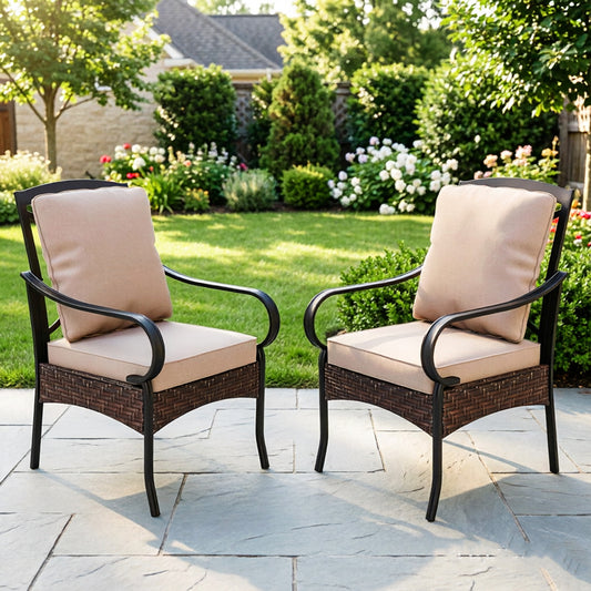 Captiva Designs Patio Dining Rattan Metal Chairs with Seat Cushions and Waist Pillows