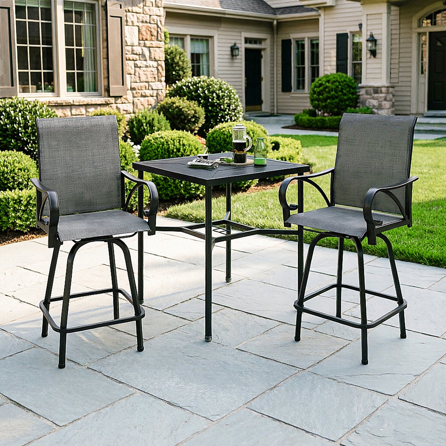 Captiva Designs 3pc Outdoor Patio Geometry Square Steel Bar Table & High Bar Swivel Stools