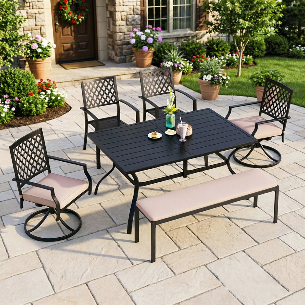 Captiva Designs 6pc Outdoor Patio Slat-top Steel Dining Table & Metal Chairs & Cushioned Bench