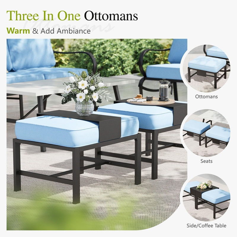 Sophia & William Patio Furniture Sets for 9 with 45" Gas Fire Pit Table Outdoor Conversation Sets, 2 x Patio Chairs, 2 x Swivel Chairs, 1 x 3-Seat Sofa, 2 x Ottomans for Porch Poolside, Blue