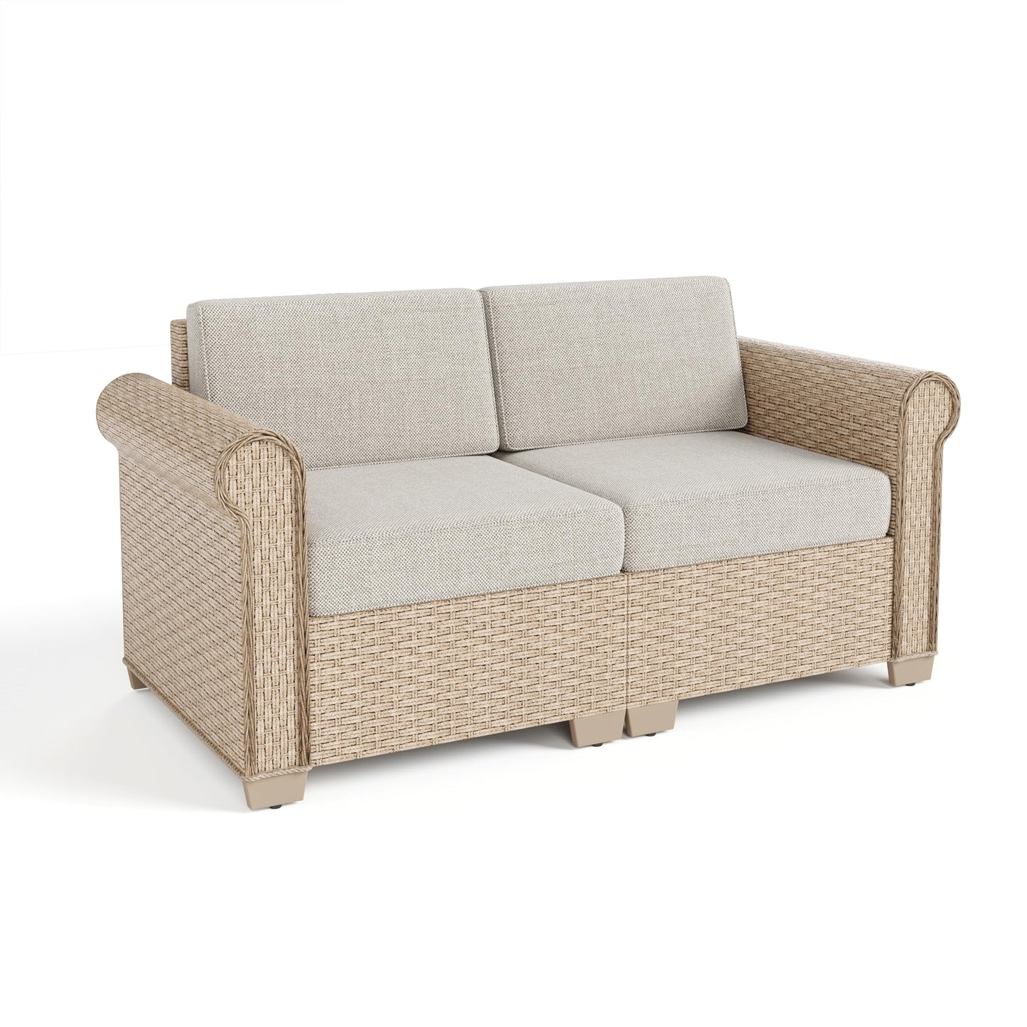 SUNSHINE VALLEY Patio Rattan loveseat, 2-Seat Wicker Rattan Sofa with 5.5" Thick Waterproof Cushions, All Weather Outdoor Conversation Set for Lawn Backyard Garden and Deck, Beige