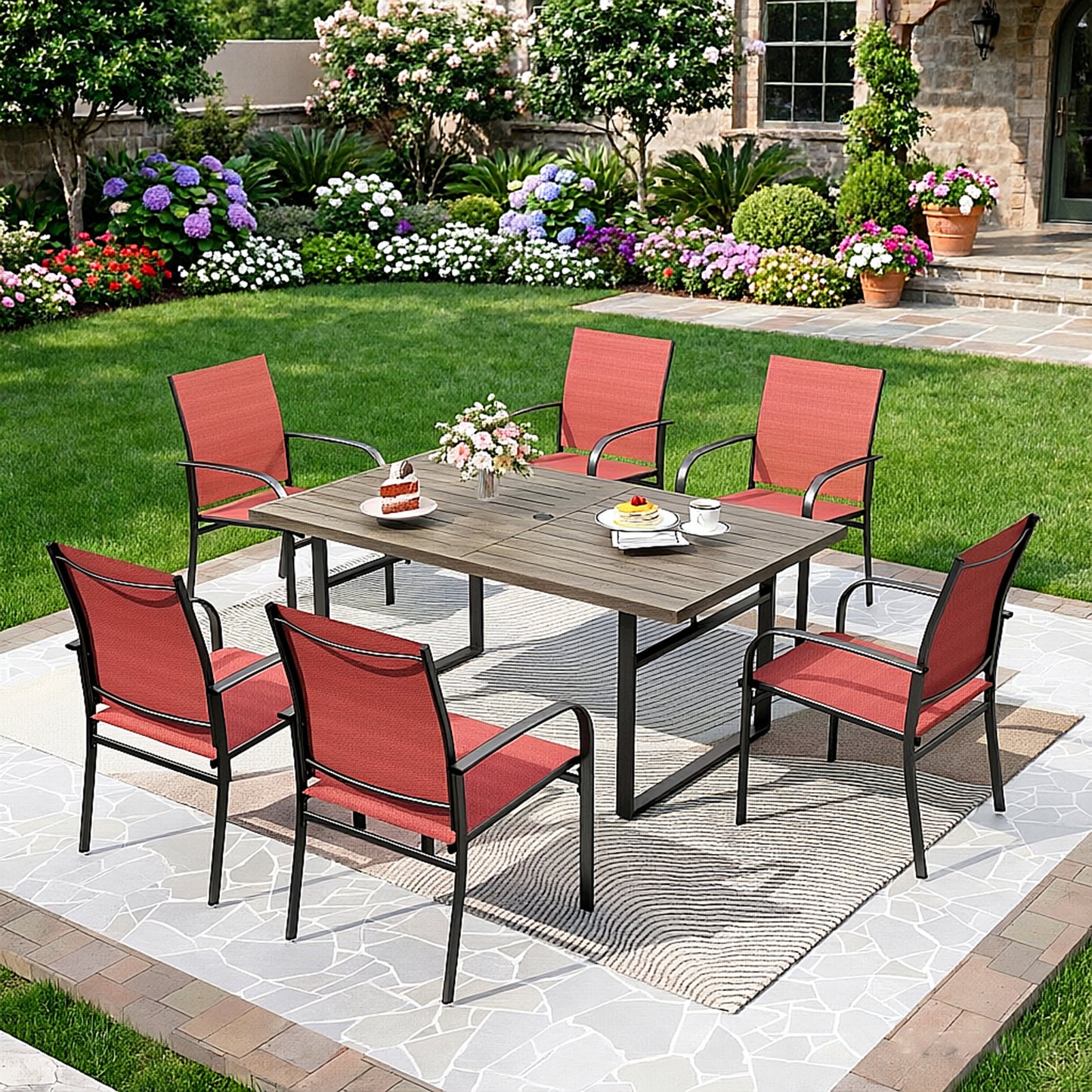 Captiva Designs 7pc Patio Dining Set Wood-look Rectangle Table with Umbrella Hole & Sling Fixed Chairs