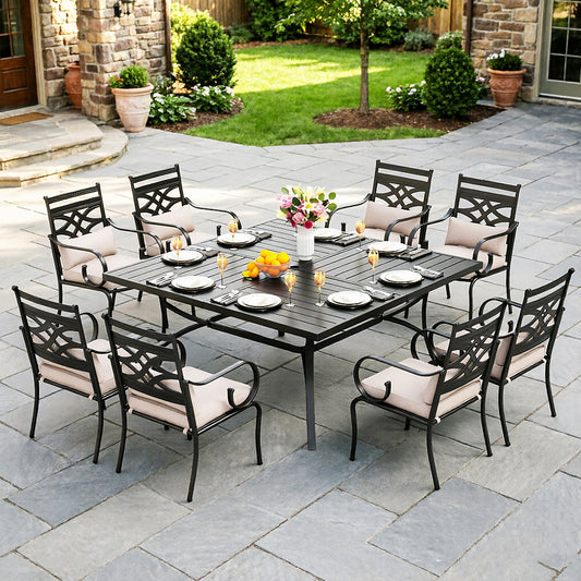 Captiva Designs 9pc Patio Square Metal Dining Table & Metal Chairs with Seat Cushion and Waist Pillow