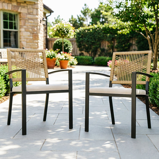 Captiva Designs Patio Dining Polyrattan Chairs with Steel Armrests and Wooden Wicker Back