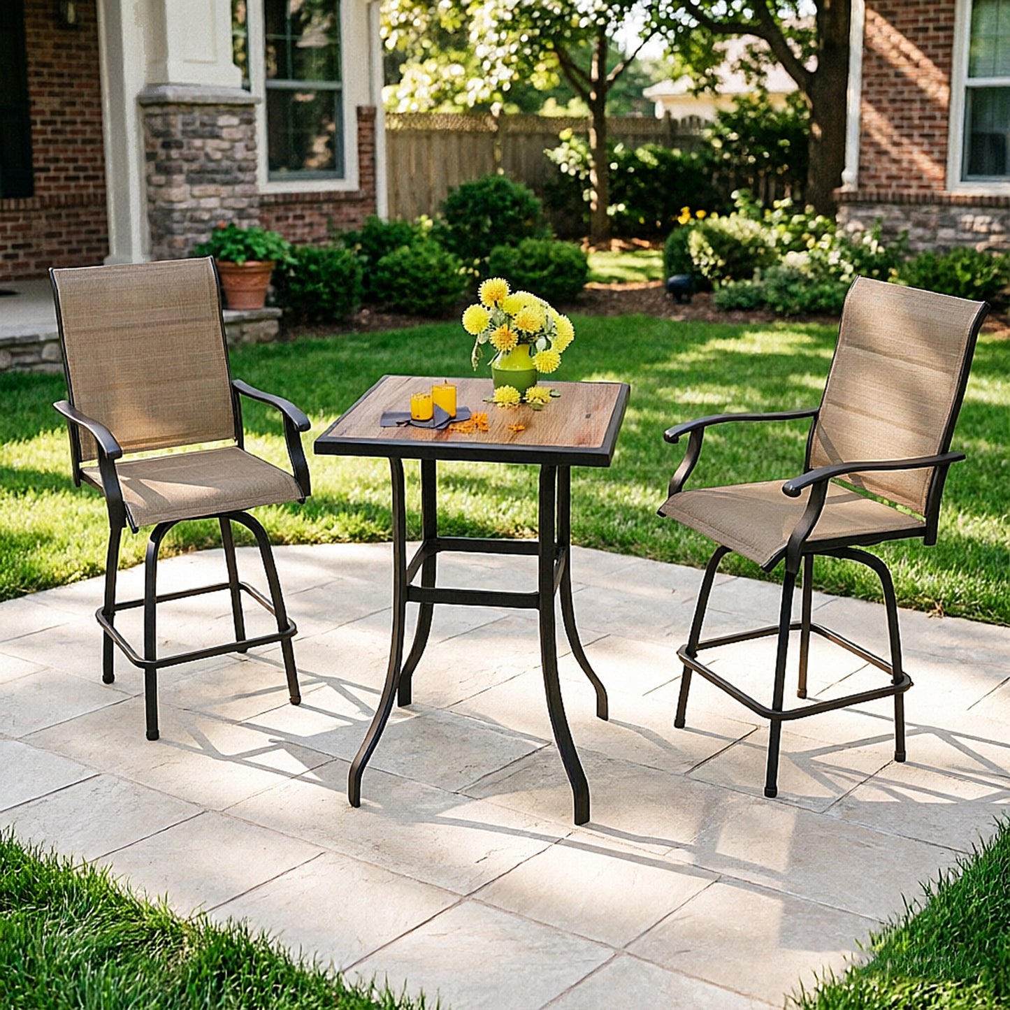 Captiva Designs 3Pc Outdoor Patio Dining Bar Set with Steel Steel Table & Sling Swivel Bar Stools