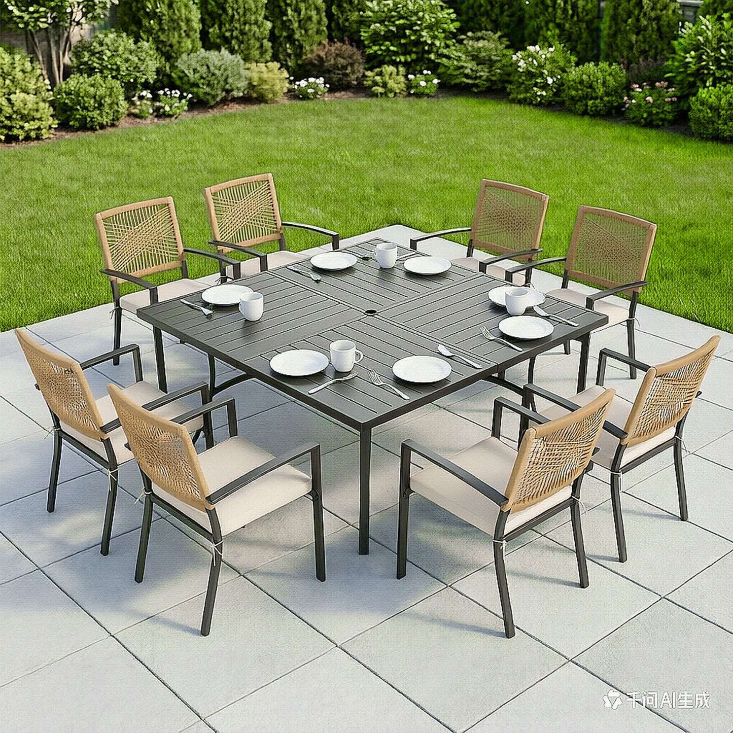 Captiva Designs 1 件式露台板条顶部矩形金属吧台桌，带伞孔和 X 形十字支架