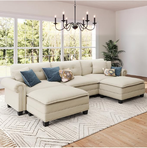SUNSHINE VALLEY 116" Oversized Modular Sectional Couch U-Shaped Living Room Mid-Century Modern 5-Seater Cloud Sofa, White, Rolled Arms & Nailhead Trim, Wider & Deeper Seats, Ottoman, Chenille