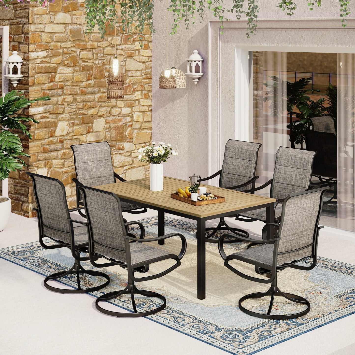 MFSTUDIO Patio Dining Set for 6, Patio Table and Chairs Set with Umbrella Hole, 7 Piece Outdoor Dining Set for Deck Backyard Garden