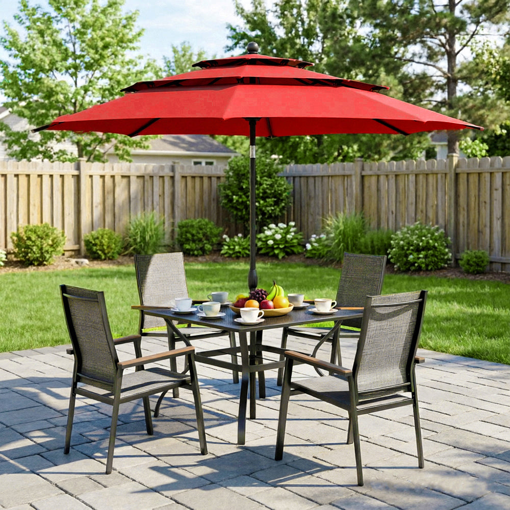Captiva Designs 6pc Patio Dining Slat-top Steel Table & Aluminum Stackable Chairs & Market Umbrella
