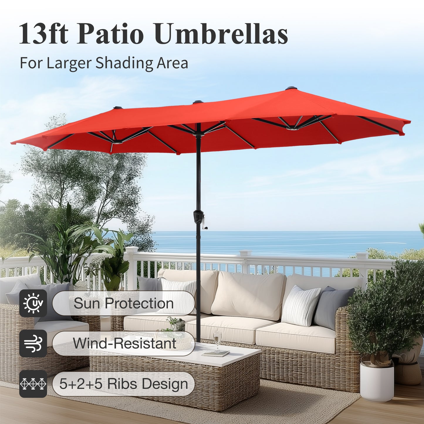 Captiva Designs 8pc Outdoor Patio Rectangle Steel Dining Table & Rattan Swivel Chairs & Market Umbrella