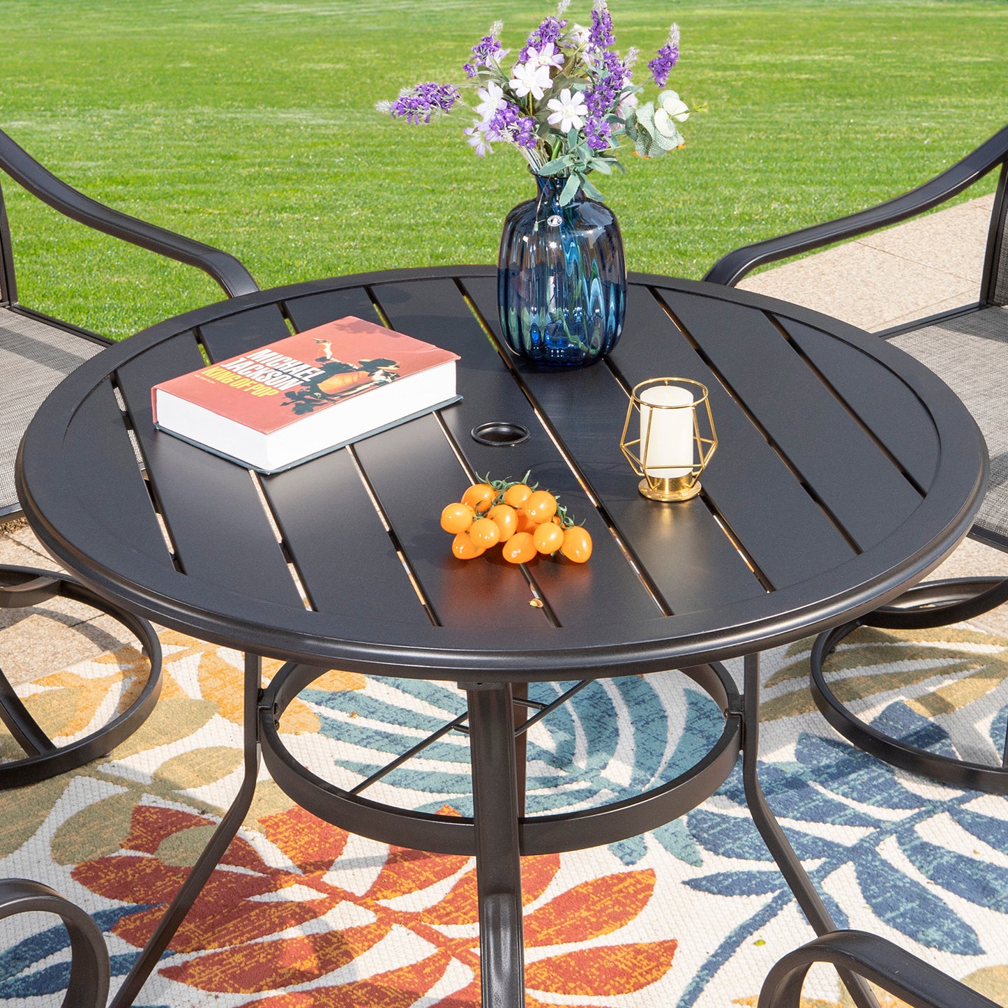 Captiva Designs 6pc Patio Round Dining Table & Stackable Fixed Chairs & 10ft 3 Tier Auto-tilt Umbrella