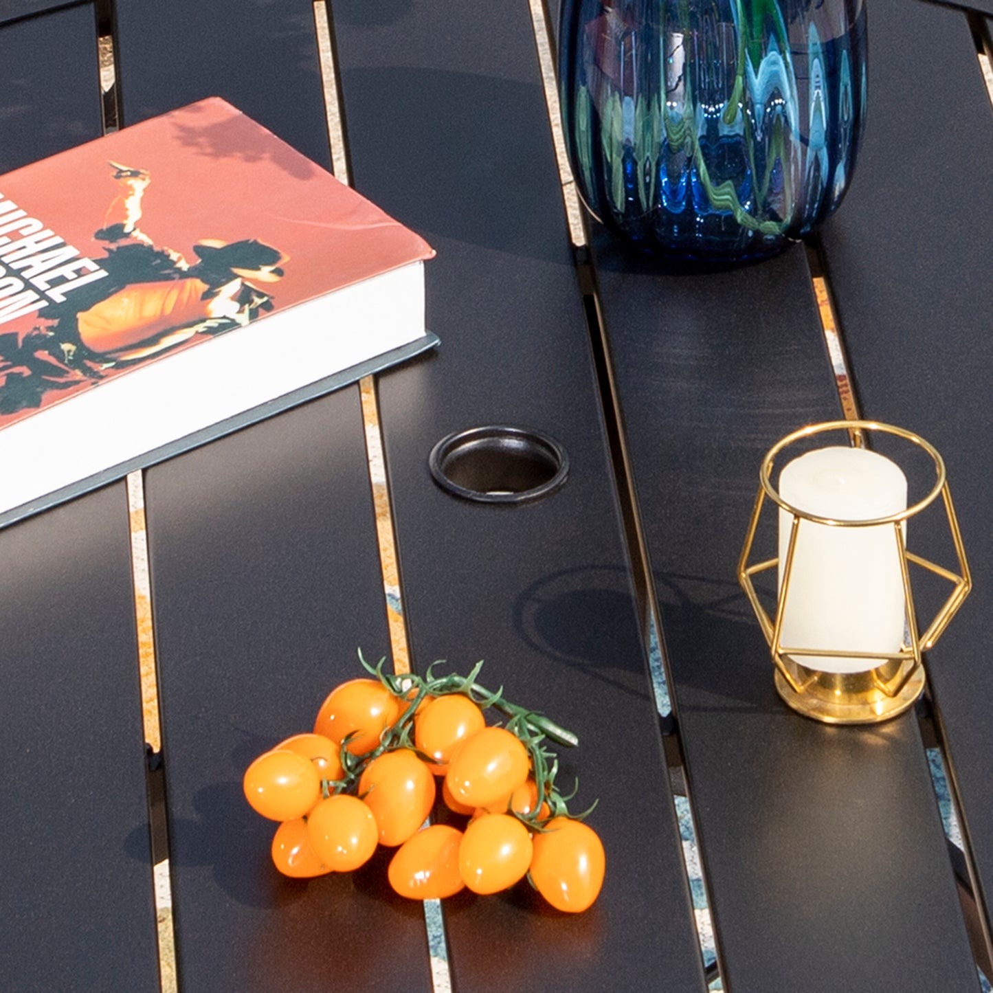 Captiva Designs 6pc Patio Round Dining Table & Stackable Fixed Chairs & 10ft 3 Tier Auto-tilt Umbrella