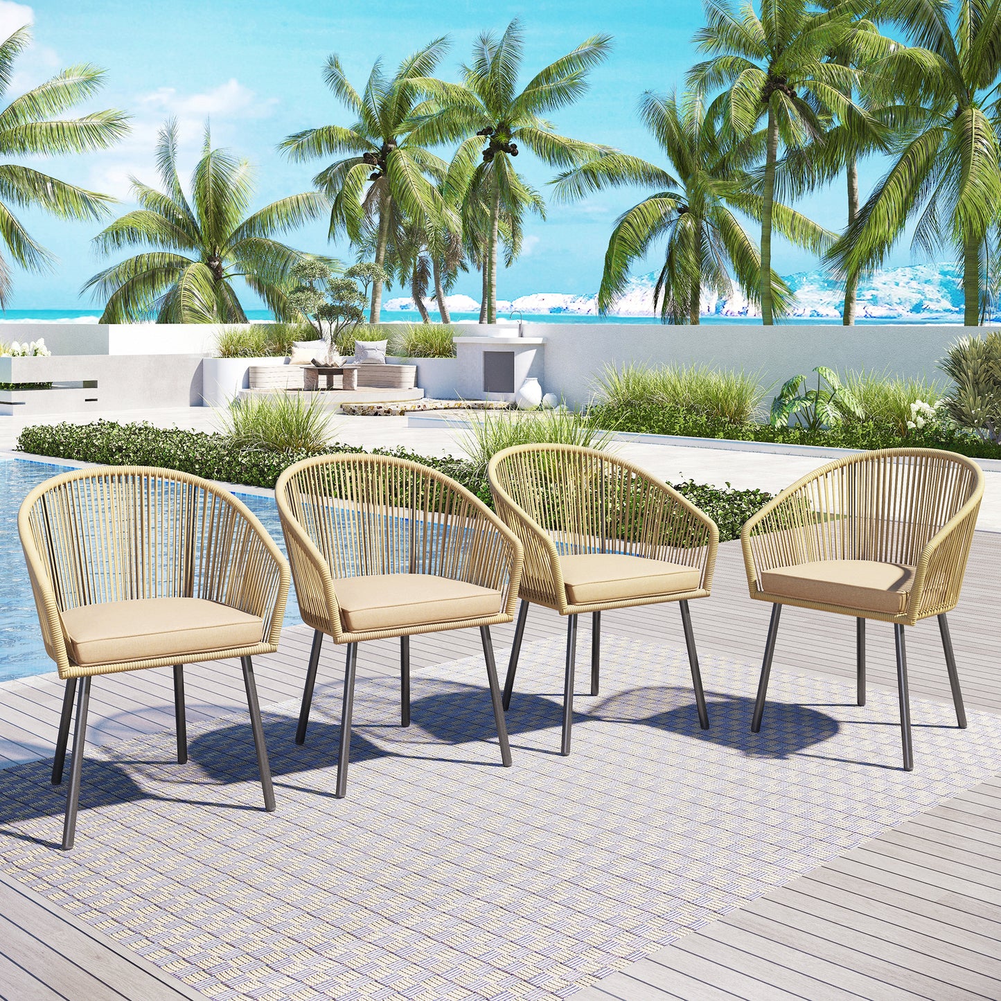 Captiva Designs 4pc Outdoor Patio Woven Pull Cord Back Dining Chairs with Seat Cushion