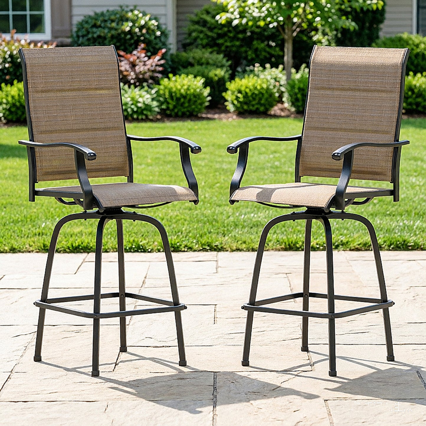 Captiva Designs Outdoor Patio Breathable Textilene Sling High Bar Steel Stools with Stylish Armrests