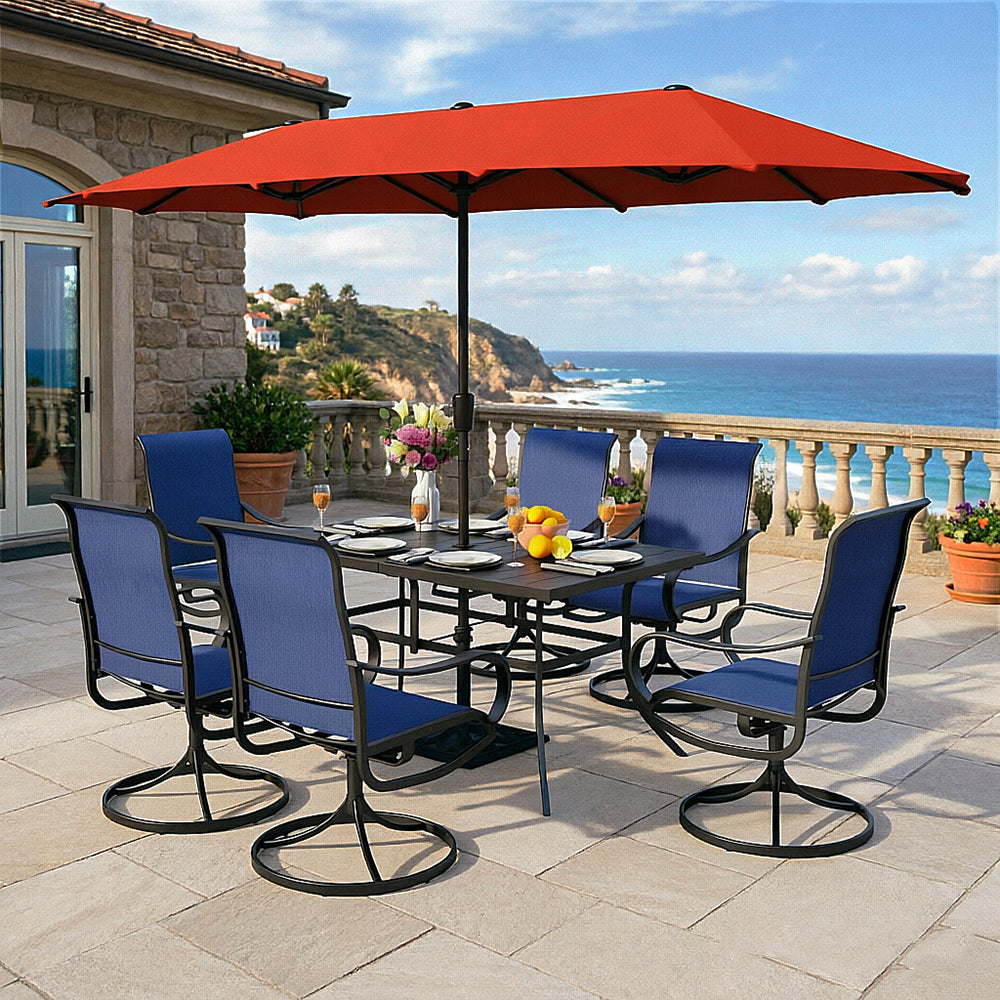 Captiva Designs 8pc Patio Rectangular Steel Dining Table & Sling Swivel Chairs & Market Umbrella