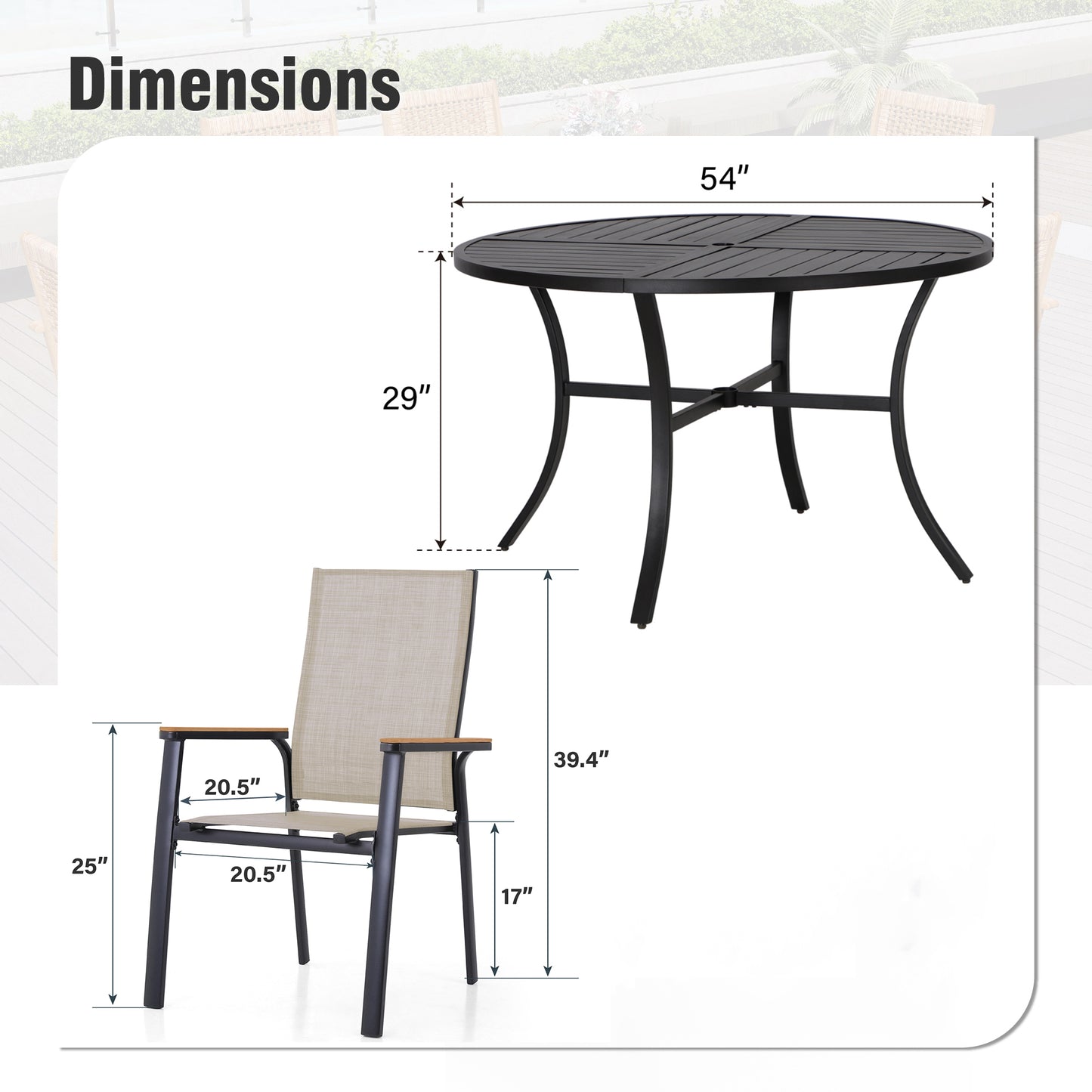 Captiva Designs 7 件套露台餐桌椅套装，配有几何图案长方形桌子和带木质扶手的吊带椅