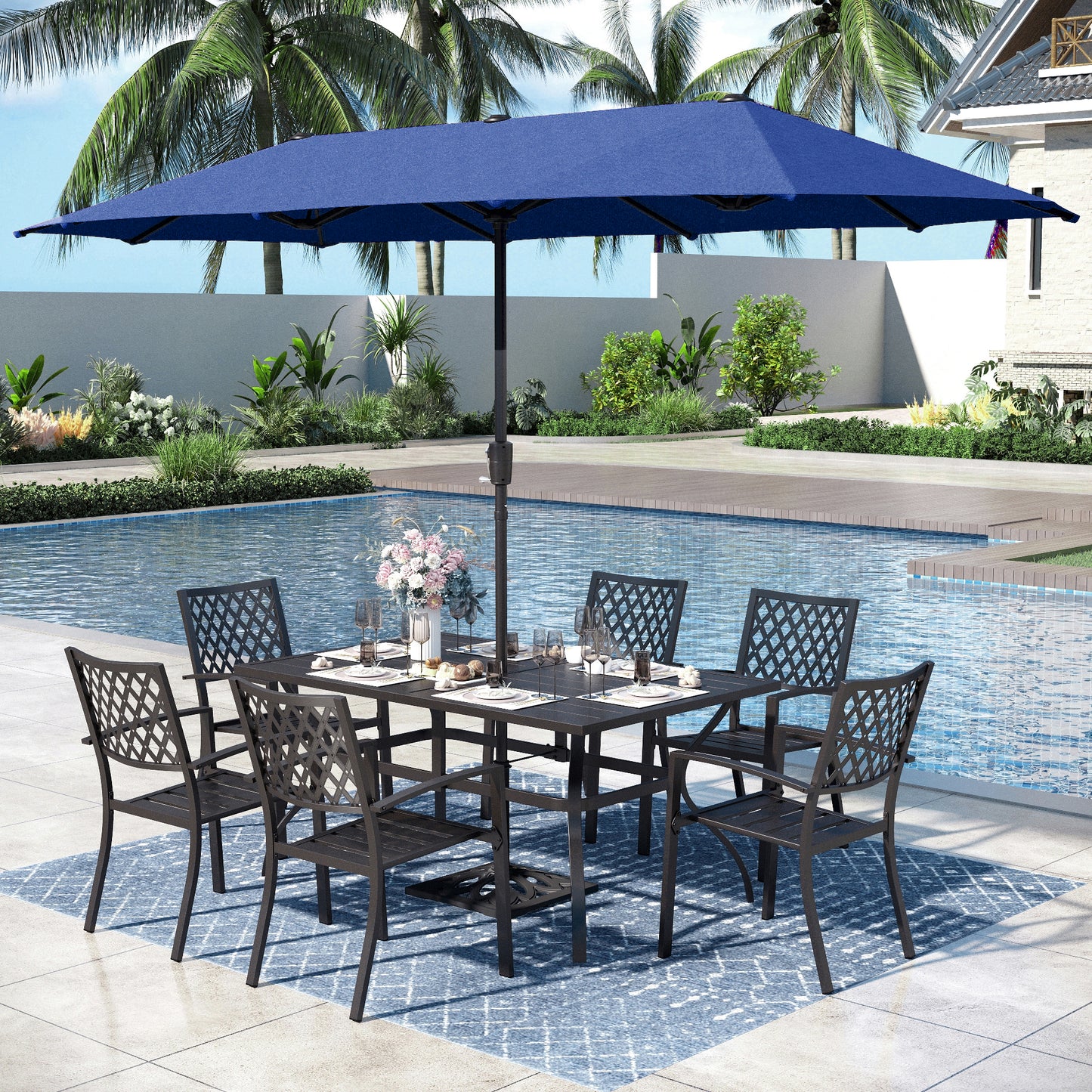 Captiva Designs 8pc Patio Slat-top Rectangle Steel Dining Table & Metal Stackable Chairs  & 13ft Large Umbrella