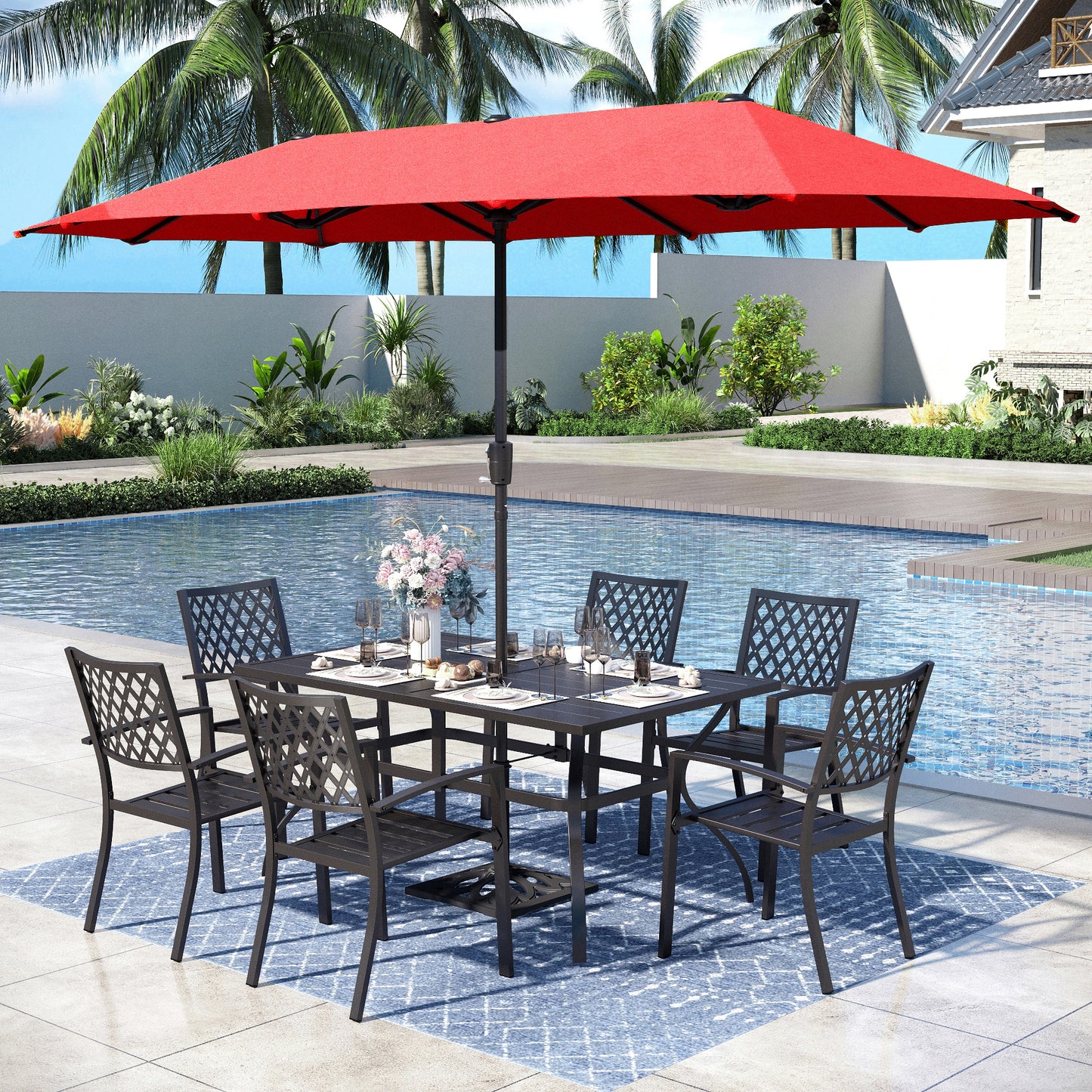 Captiva Designs 8pc Patio Slat-top Rectangle Steel Dining Table & Metal Stackable Chairs  & 13ft Large Umbrella