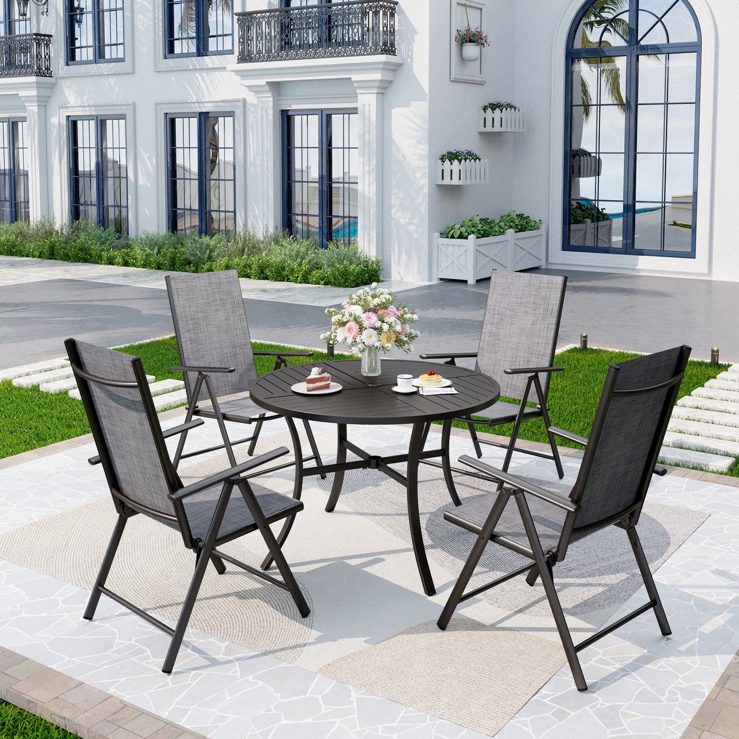 Captiva Designs 5pc Patio Dining Set Steel Frame Table with Umbrella Hole & Textilene Reclining Foldable Chairs