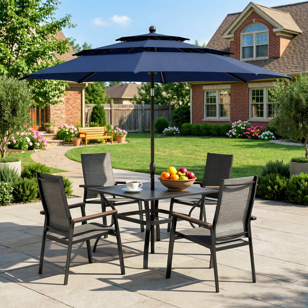 Captiva Designs 6pc Patio Dining Slat-top Steel Table & Aluminum Stackable Chairs & Market Umbrella